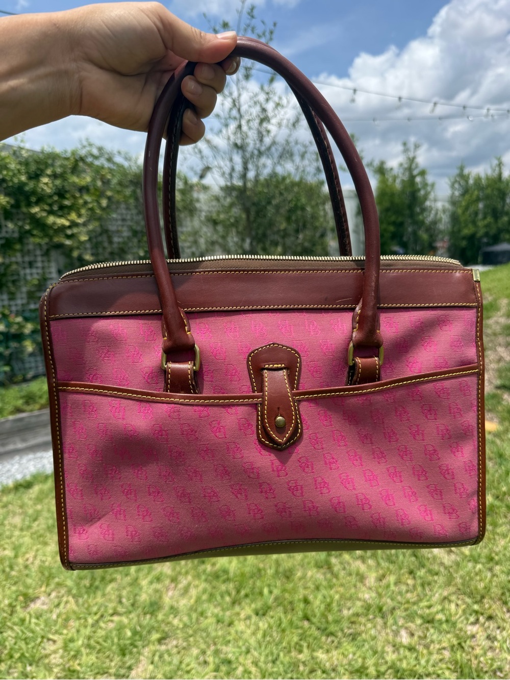 Dooney & Bourke Pink Signature Shoulder Bag with Brown Leather Trim